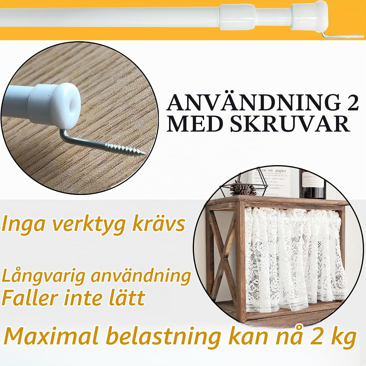 Detalle de GDEVKHN NO3-XYG-1 spännstänger för gardiner, 80–120 cm, utan borrning, 2-pack