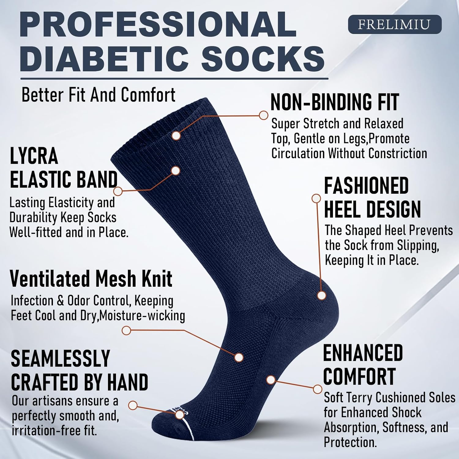 Detalle 2 de Frelimiu Diabetic Socks for Men (Non-Binding, Seamless Toe) – 4 Pairs, 7–11
