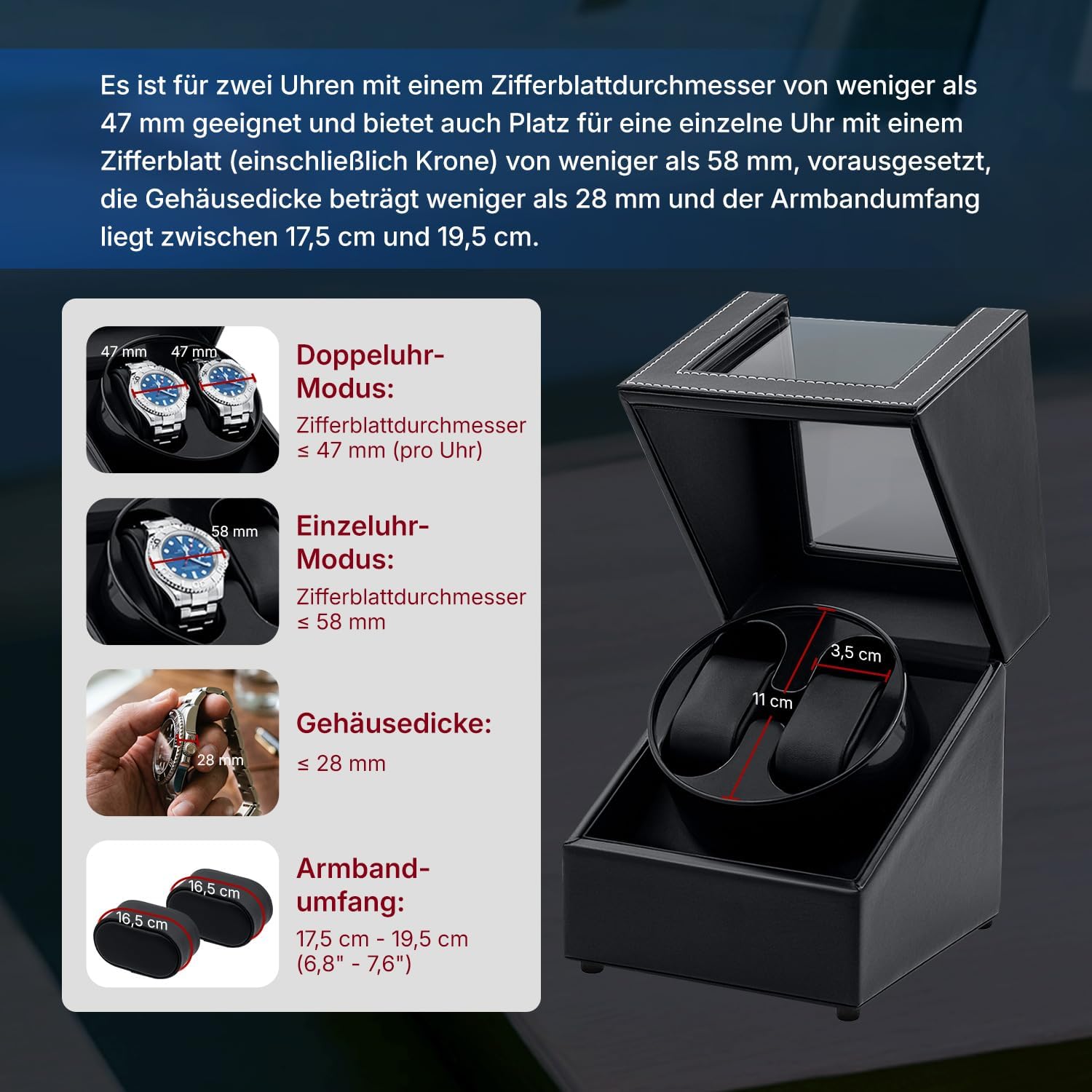 Detalle de Mcbazel Uhrenbeweger 2 Uhren, PU-Leder, Zifferblatt bis 47 mm – zwei Modi
