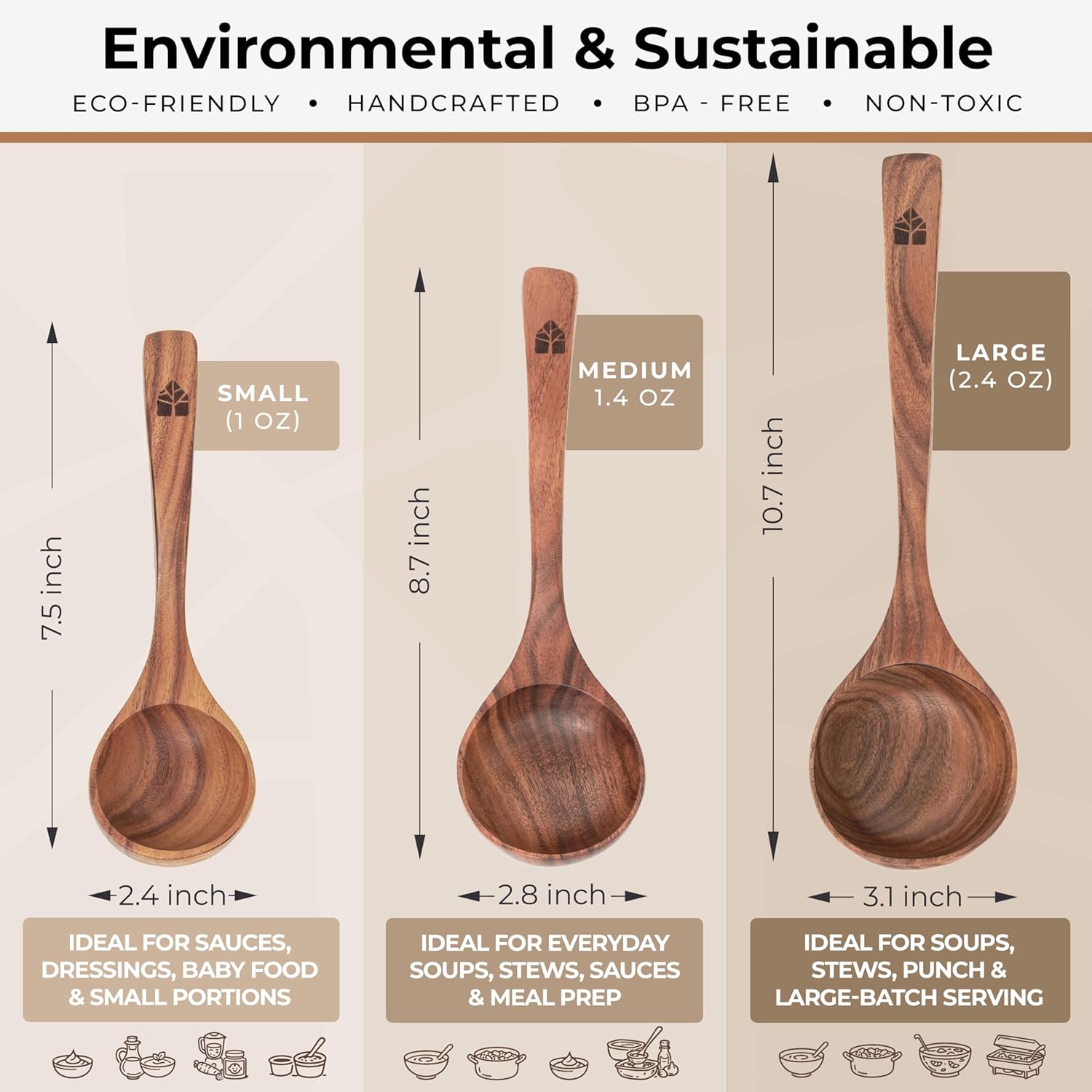 Thumbnail 2 de Woodenhouse Teak Wooden Ladles Set (3 Sizes) for Soup, Serving & Stirring
