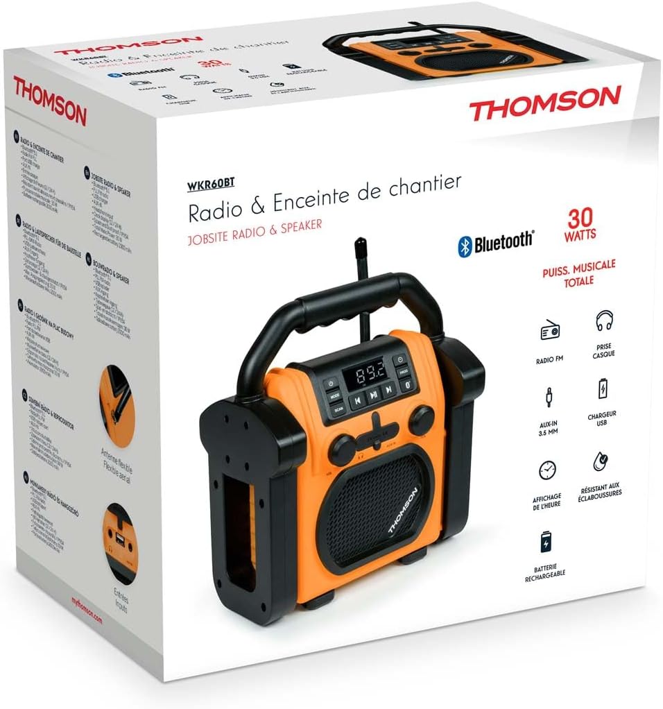 THOMSON Radio de chantier et enceinte 30 Watts avec Bluetooth, FM et batterie rechargeable