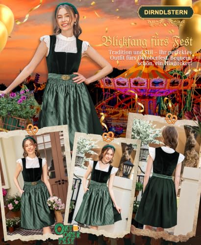 Detalle de DirndlStern Dirndl Damen Trachtenkleid Grün 70 cm Rocklänge Samt Midi – DIRNDLSTERN, Größe 38