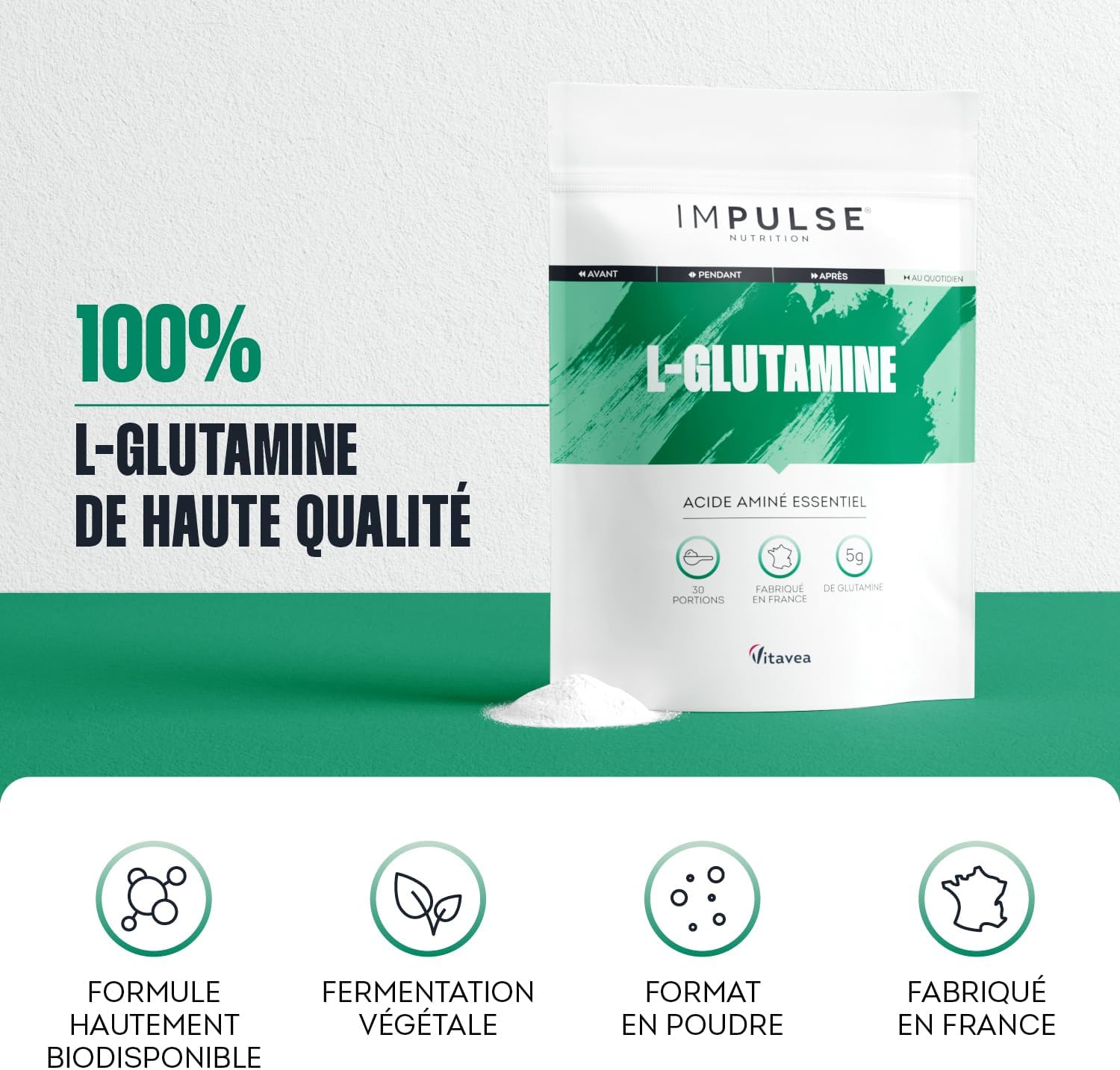 Detalle de Impulse Nutrition – L-Glutamine Kyowa® 100% Pure & Végétale – Poudre sans goût, 150 g, Fabriqué en France