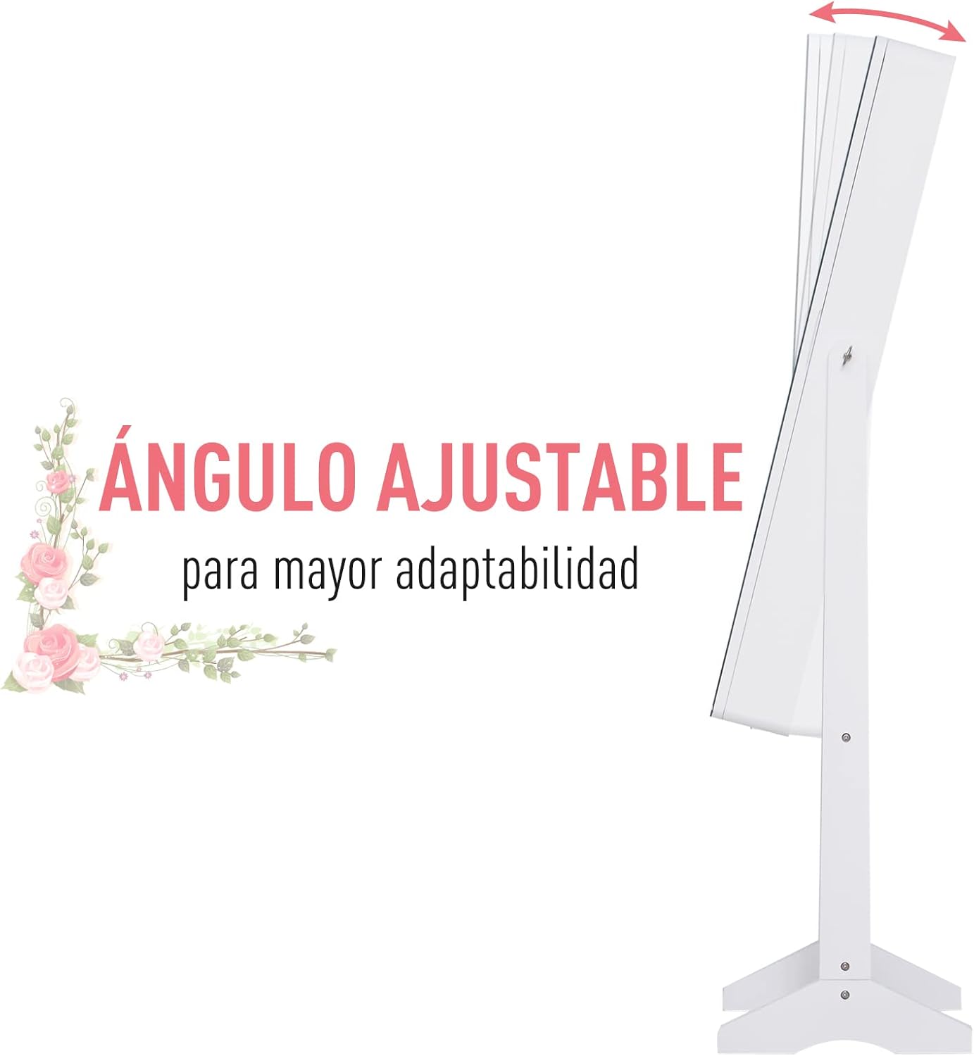 Detalle de HOMCOM joyero de pie con espejo y luces LED reclinable (30x36x146 cm) para anillos, pendientes y collares