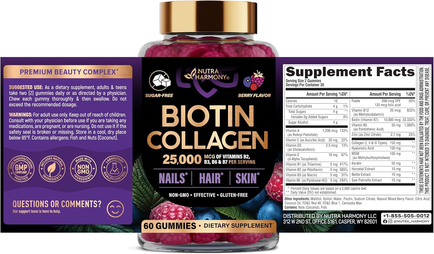 Detalle de NUTRAHARMONY NH-BTNGMY60 Biotin Gummies, Berry, Sugar-Free, 10,000 mcg