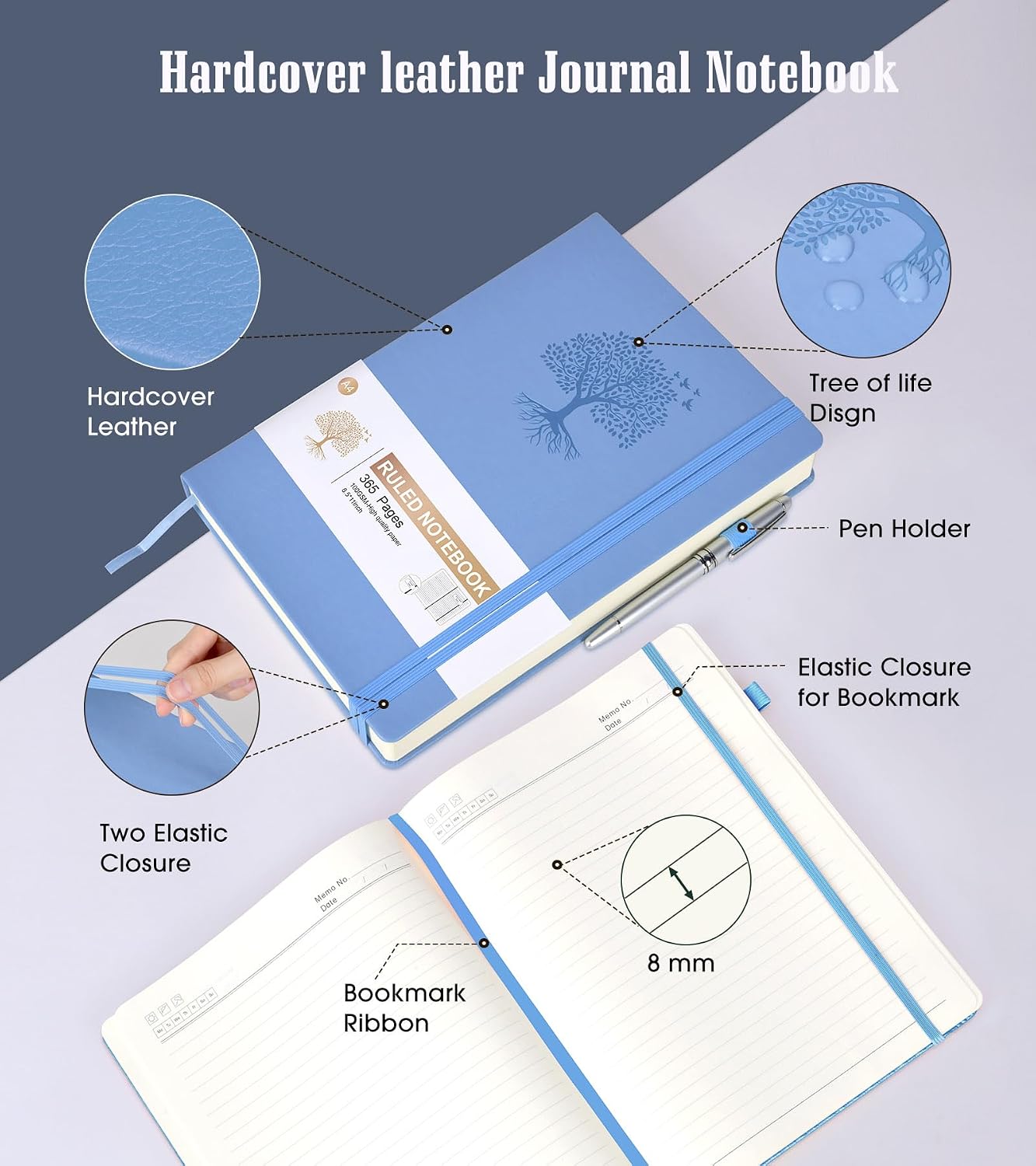 Detalle 2 de Ansopu A4 Lined Journal Notebook, 365 Pages, 100 GSM Paper, Blue Hardcover