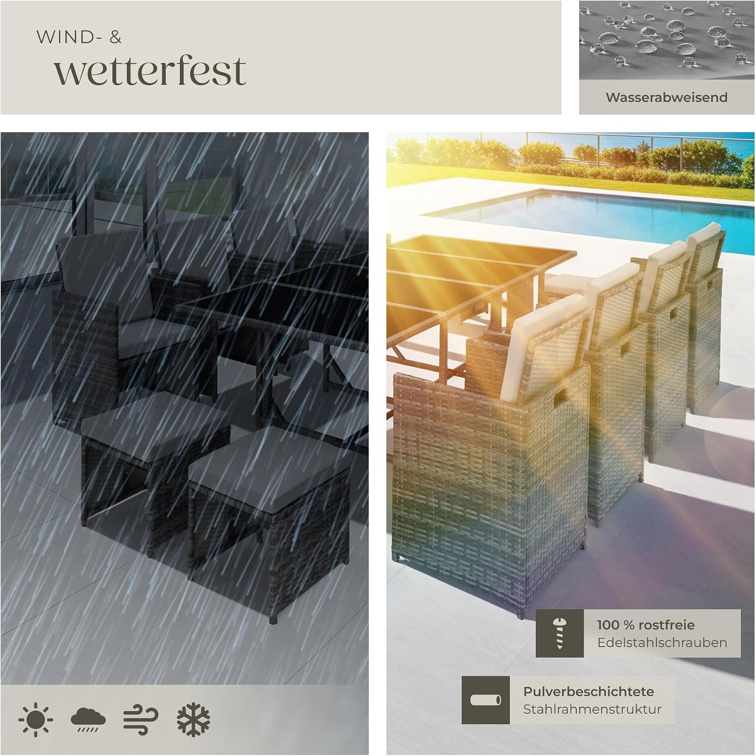 Thumbnail 6 de tectake Gartenlounge Set mit Polyrattan: 8 Stühle + 4 Hocker + 1 Tisch (8+4+1), grau/hellgrau