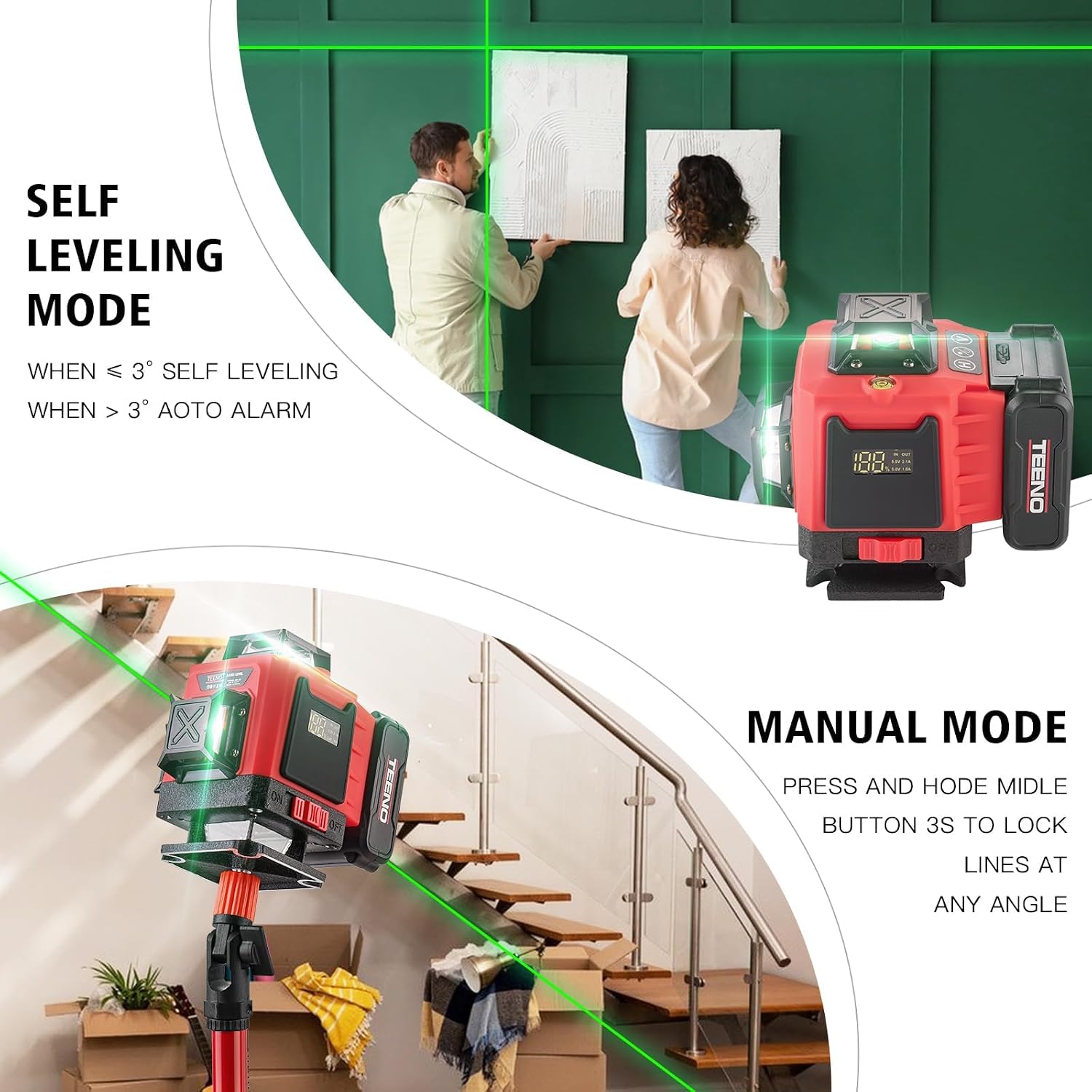 Detalle 2 de TEENO Rotatif Niveau Laser 360° x 4,4D 16 Lignes Vertes — Kit complet avec télécommande et trépied