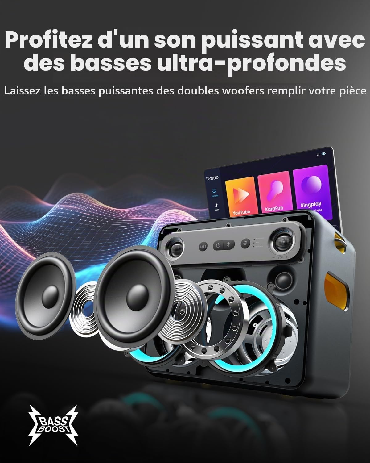 Detalle 2 de Ikarao Break X2 karaoke-installatie met 10,1-inch touchscreen en 2 microfoons