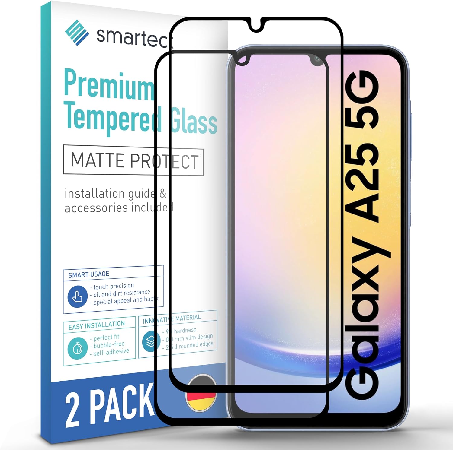 Detalle de smartect Vetro Temperato Full Screen opaco (2 pezzi) per Samsung Galaxy A25 5G / A15 4G e 5G, senza bolle