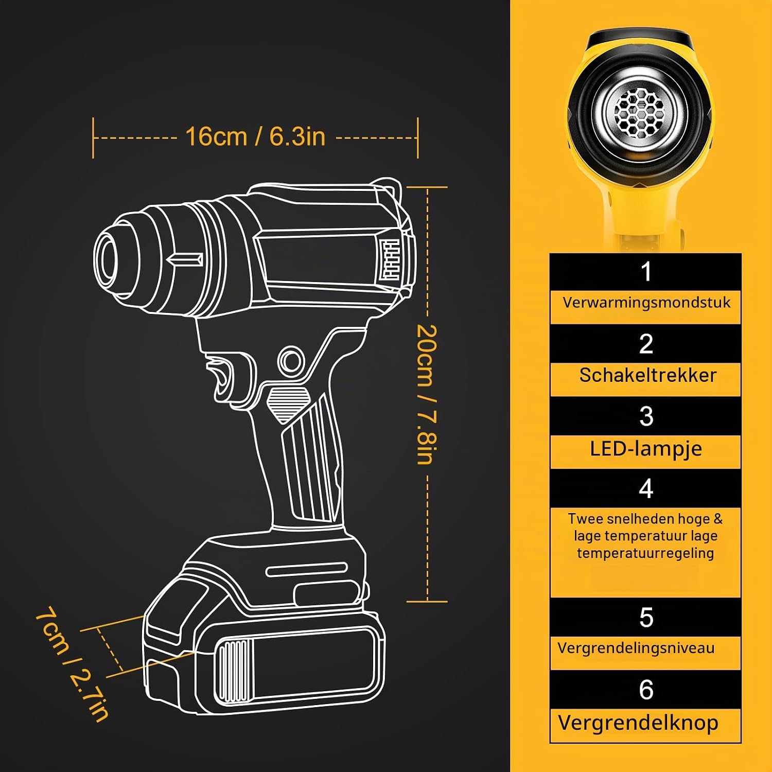 Thumbnail 3 de GGiking draadloos heteluchtpistool voor Dewalt-accu, met 4 mondstukken