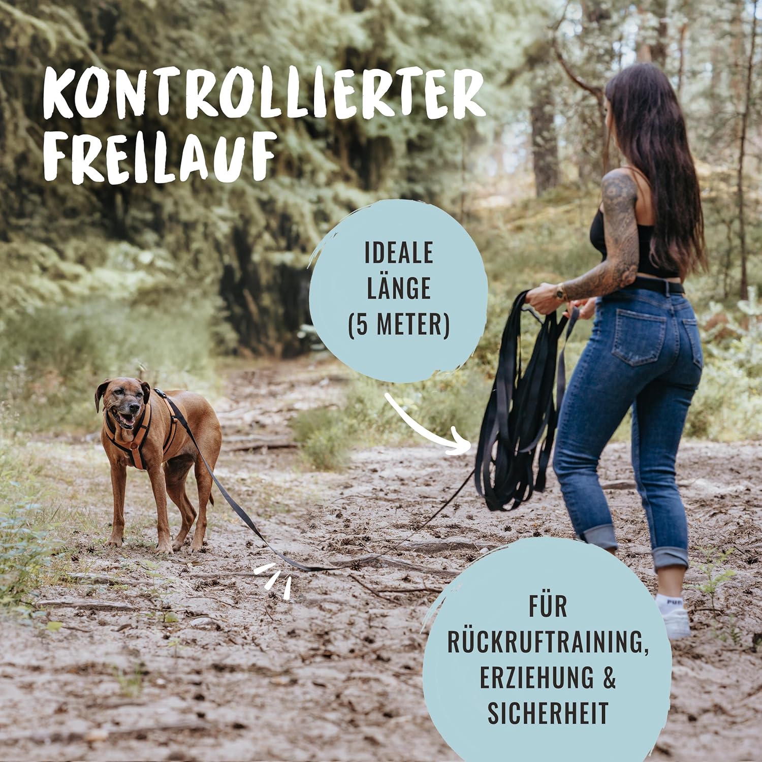 Detalle 2 de Rudelkönig Schleppleine 5 m für Hunde – robuste, wetterfeste Leine mit Griffpolsterung