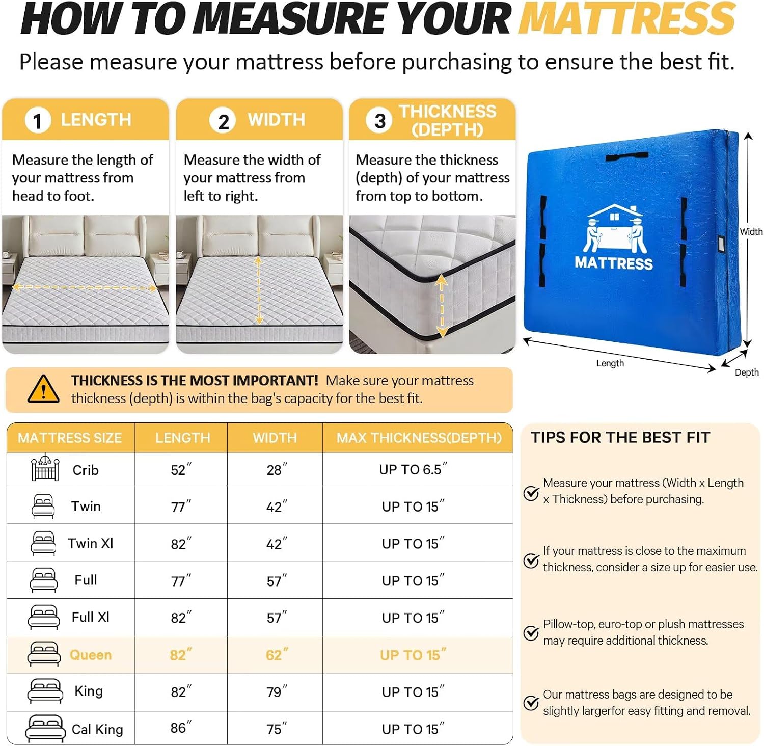 Thumbnail 1 de BETU Queen Size Mattress Bags for Moving and Storage (82x62x15, Blue)
