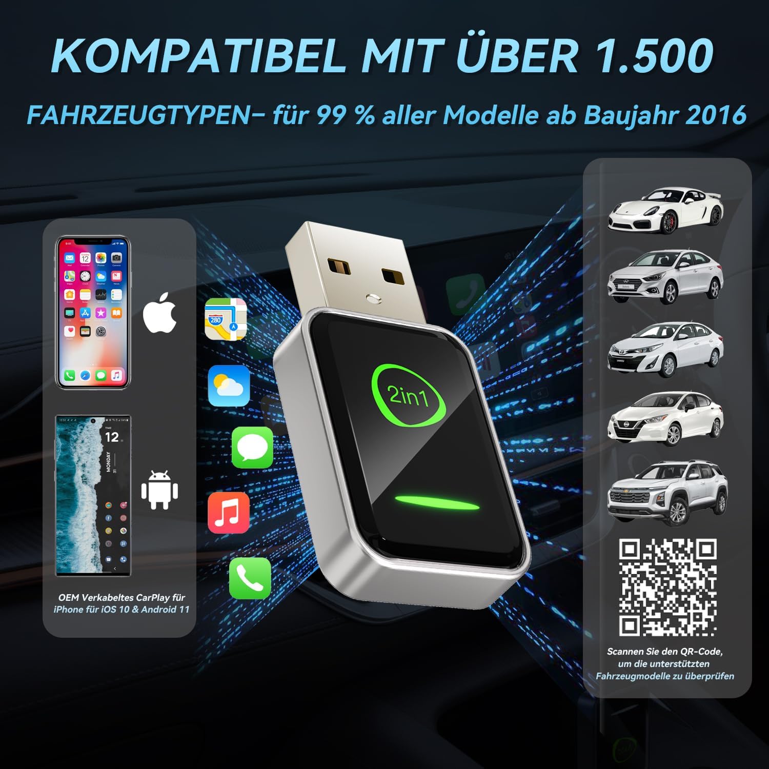 Detalle 2 de Hiloshine Wireless CarPlay Adapter & Android Auto Wireless Adapter (Plug & Play) – 2-in-1, mini, mit Auto-Reconnect für Autos ab 2016