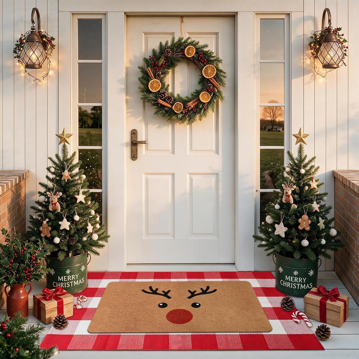 Detalle de PIXFAIRY Christmas Layered Doormat Set, Reindeer Coir and Red Plaid Cotton