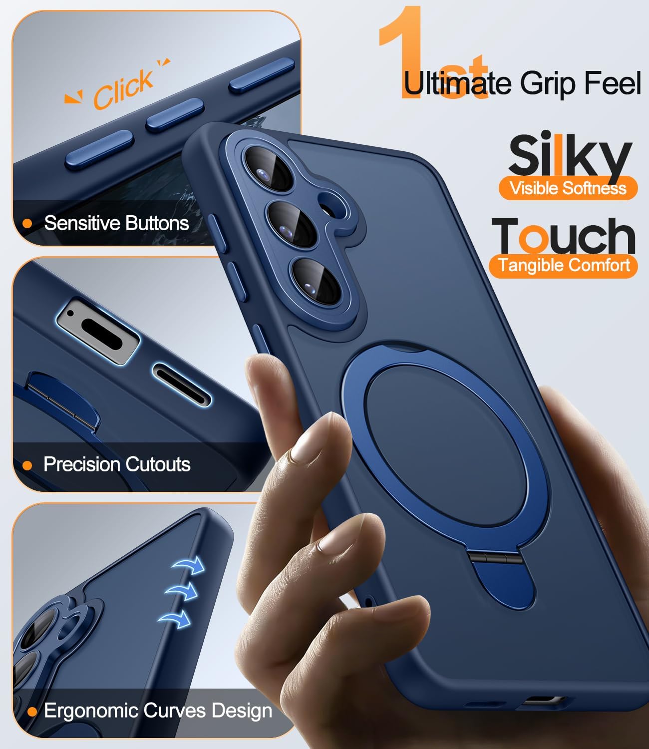 Detalle de JAME for Samsung Galaxy S26 Case with 2-Pack Screen Protector, Magnetic Stand & Full Camera Protection (Navy Blue)