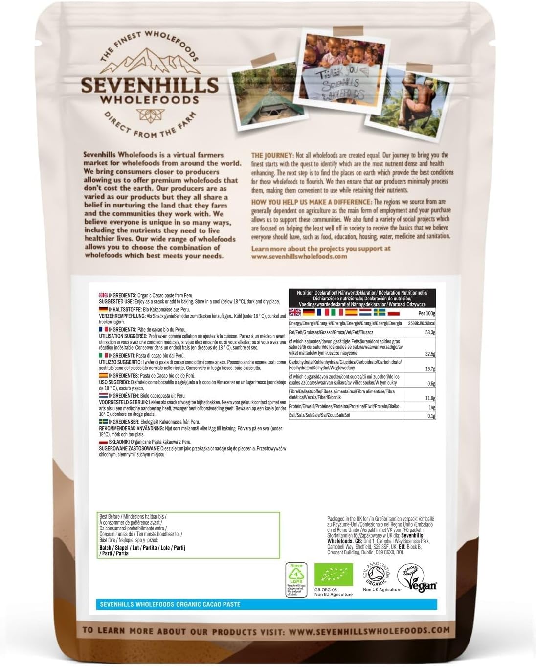 Detalle 2 de Sevenhills Wholefoods Pasta Di Cacao Bio 500g – Pasta di cacao Criollo biologica, vegan e premiata