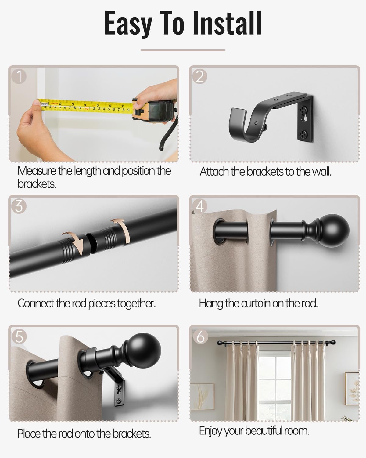 Thumbnail 3 de DEFYNEE Curtain Poles 80–305 cm Matt Black