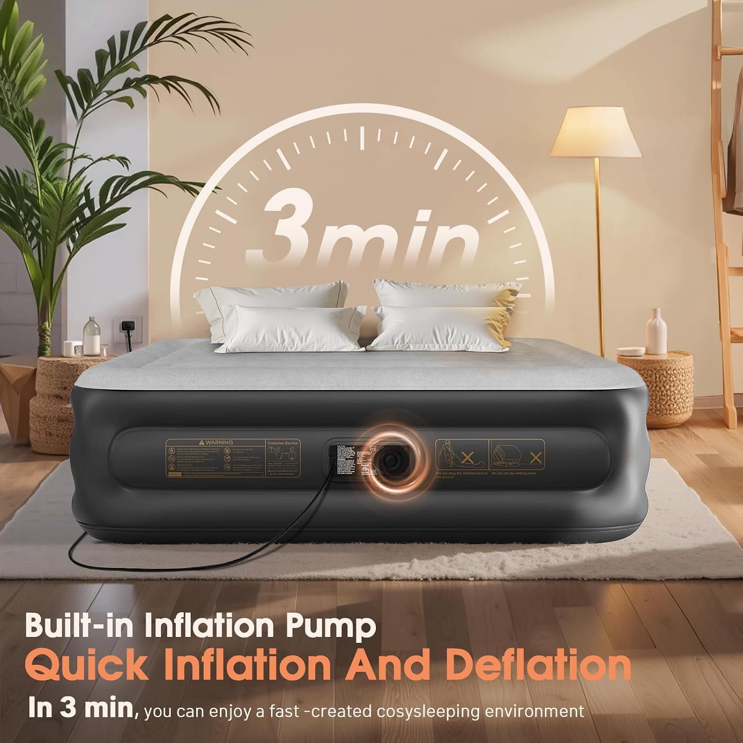 Detalle de VOSSER Queen Air Mattress with Built-In Pump, 18-Inch Raised, Flocked Top