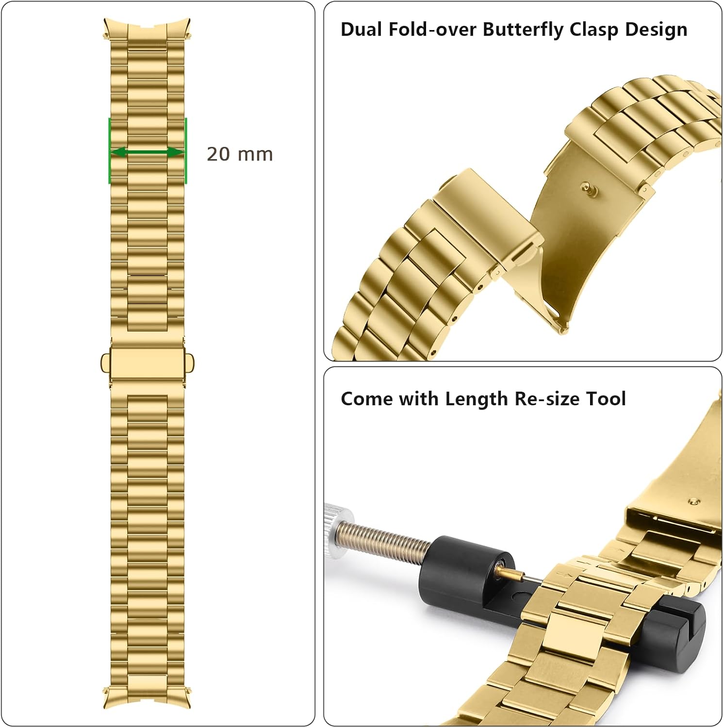 Detalle de Tasikar No Gap 20mm Metal Watch Strap for Samsung Galaxy Watch 7/6/5/4/FE (44mm/40mm) and Classic/Pro variants – Gold