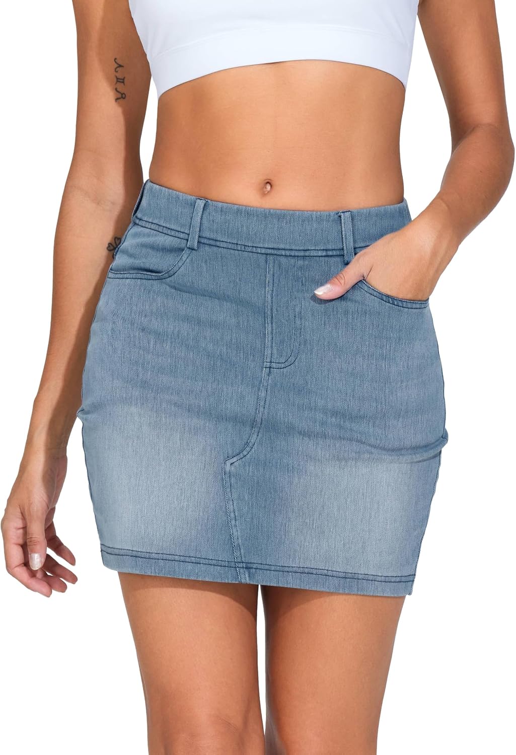 Detalle de THE GYM PEOPLE Stretchy Denim Mini Skirt, High Waist, Four Pockets