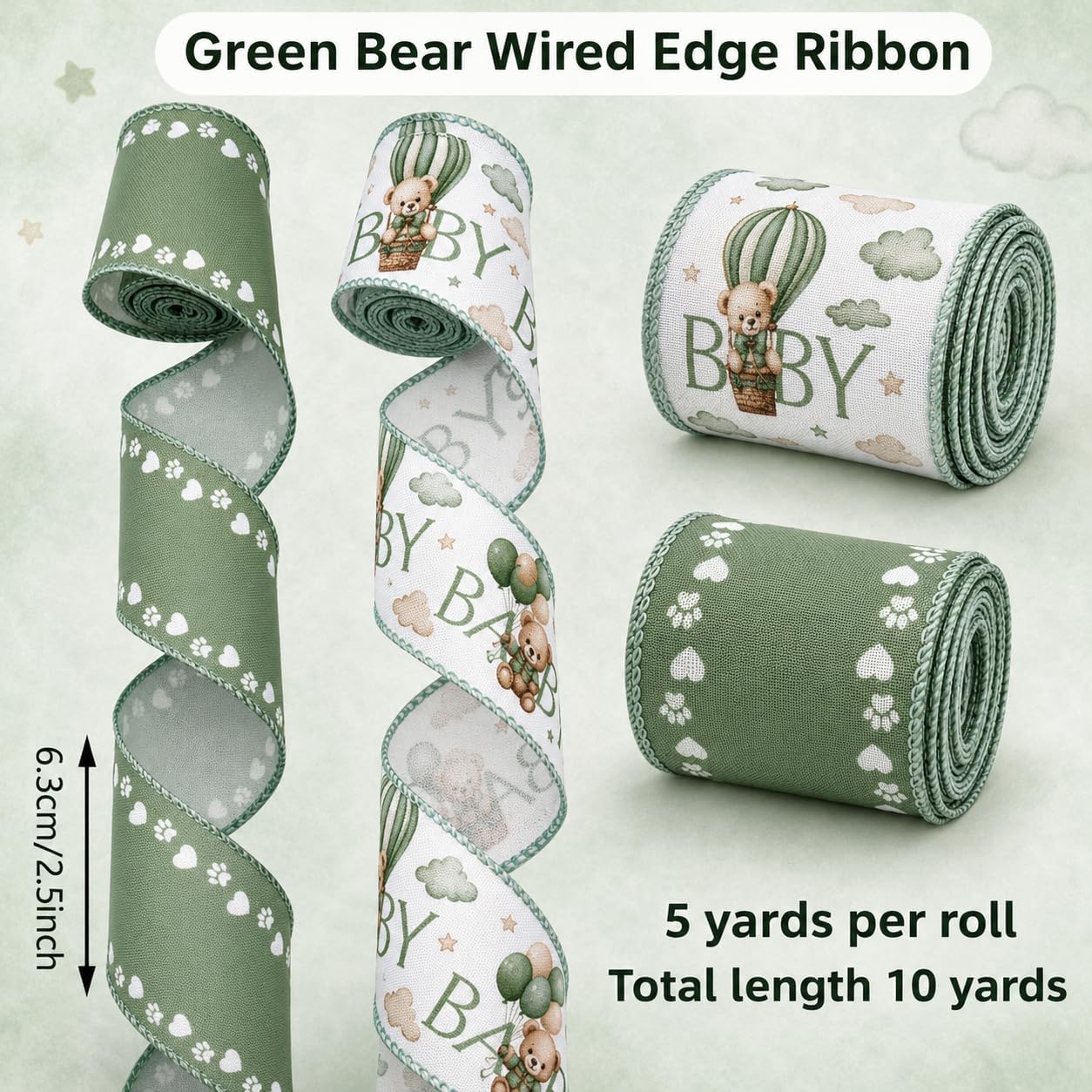 Thumbnail 2 de Wired Ribbon, Sage Green Bear Print