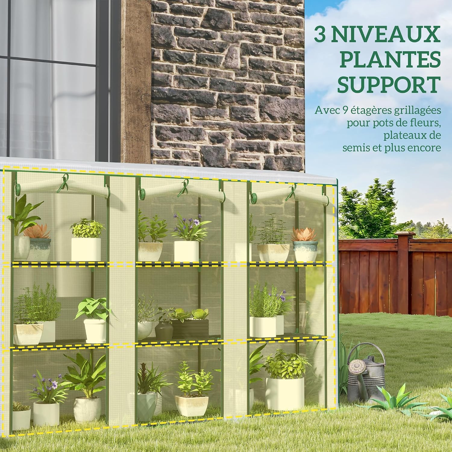 Detalle de Outsunny 84H-228V01WT tuinkas met 3 niveaus en 9 legplanken, wit