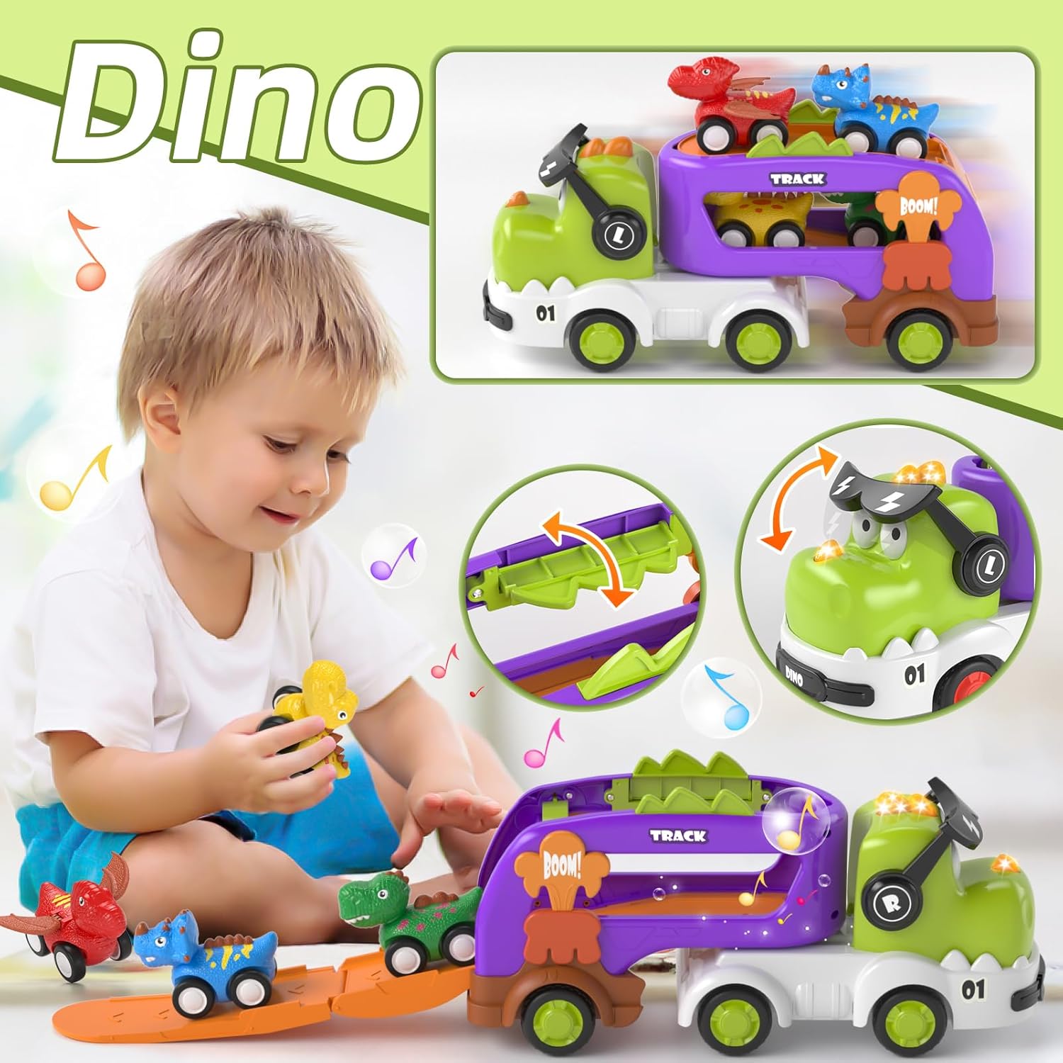 Thumbnail 1 de Usrela 5-in-1 Dinosaur Truck Toy with Sound, Lights & 4 Pull-Back Cars (for ages 2–4)