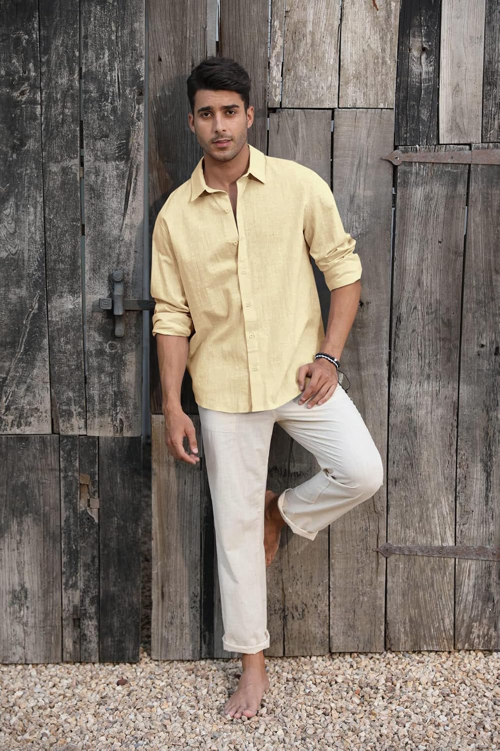 Detalle de Runcati Herren Langarm Leinenhemd mit Umlegekragen – Regular Fit, Sommer-Business