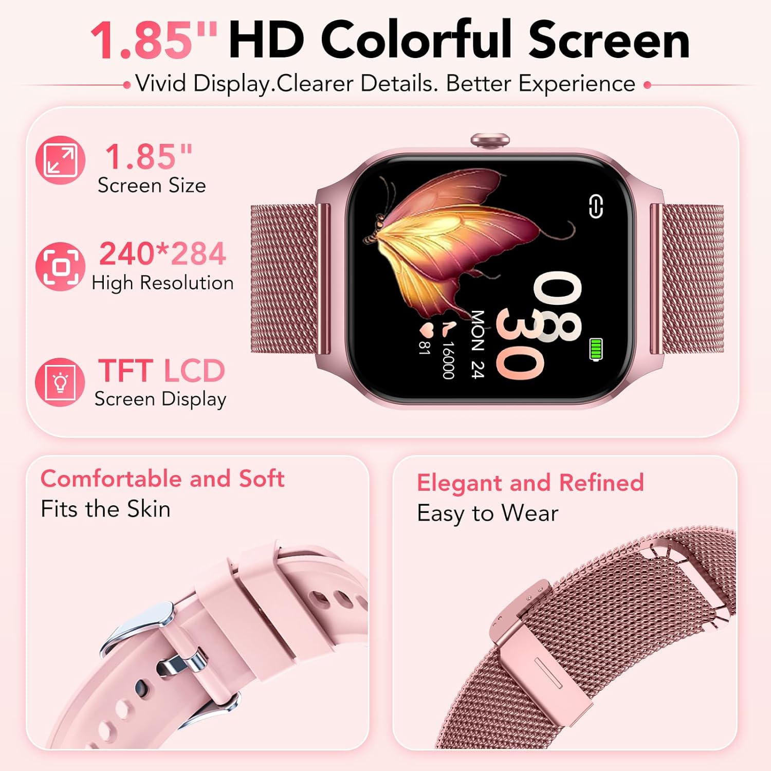 Thumbnail 6 de CASCHO Montre Connectée Femme Rose avec Appel Bluetooth et Santé 24/7