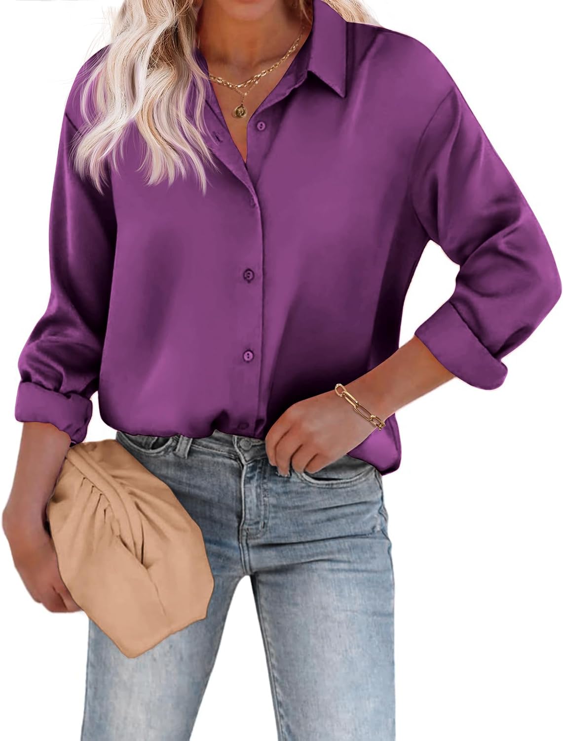 Detalle 2 de Chigant Women's Satin Blouse button-down shirt