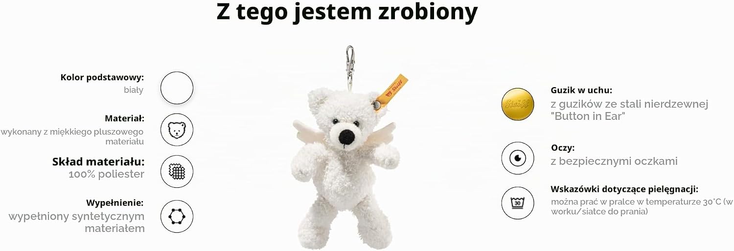 Detalle 2 de Steiff Lotte 112638 – biały miś-brelok 12 cm ze skrzydłami z filcu