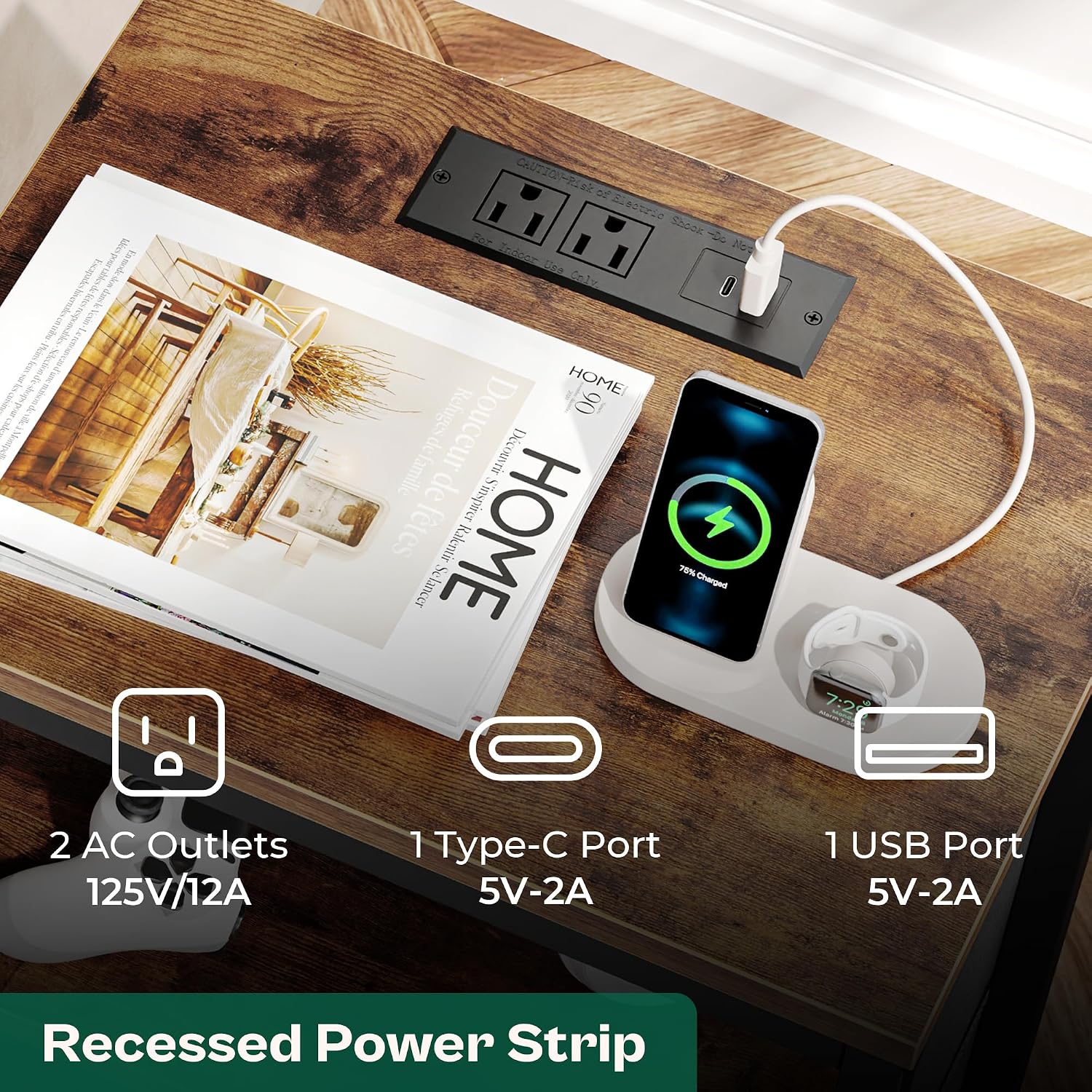 Detalle 2 de Huuger Nightstand 27.6" Charging Station for Bedroom