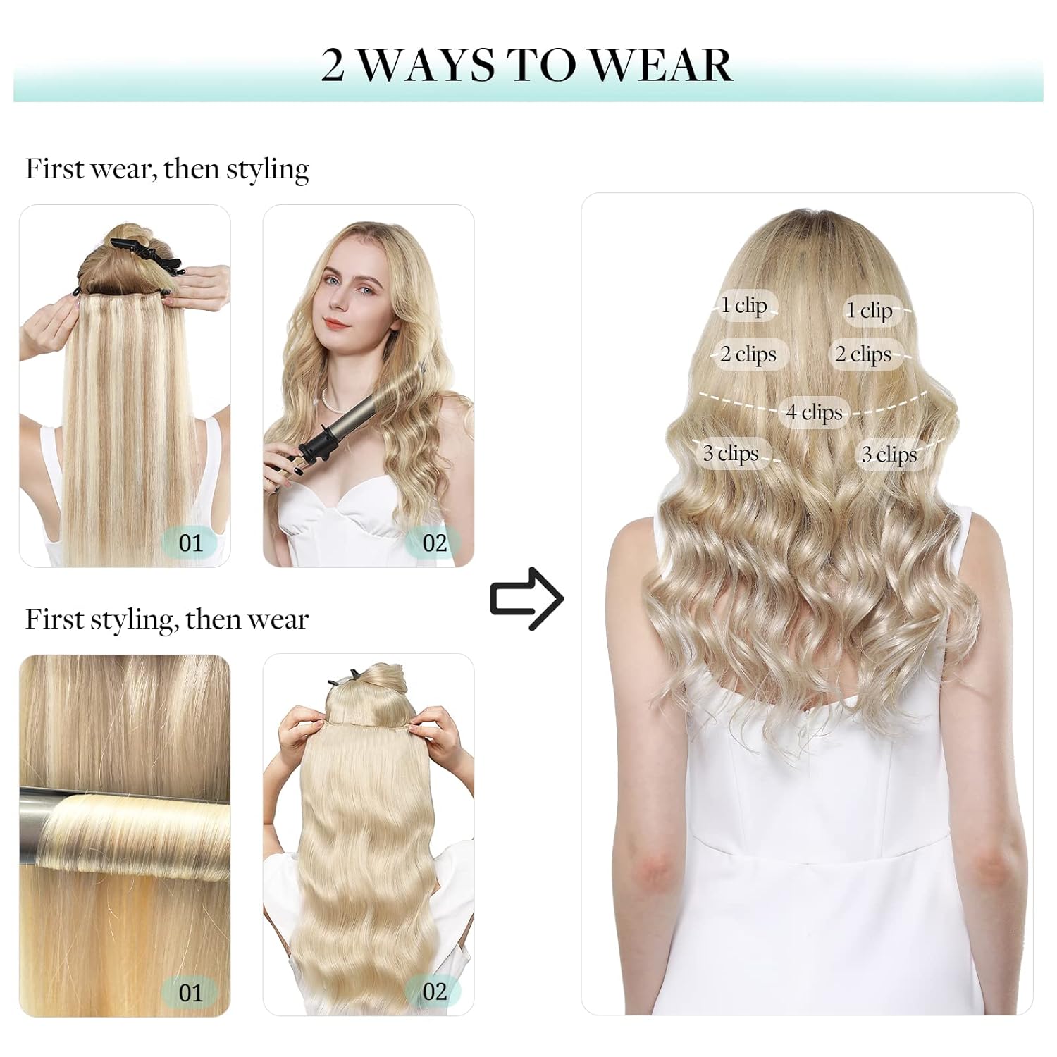 Thumbnail 6 de DOORES Clip-in Human Hair Extensions Balayage Dark Blonde to Bleached Blonde, 120g, 7 Pieces, 18-Inch Straight Thick Hair