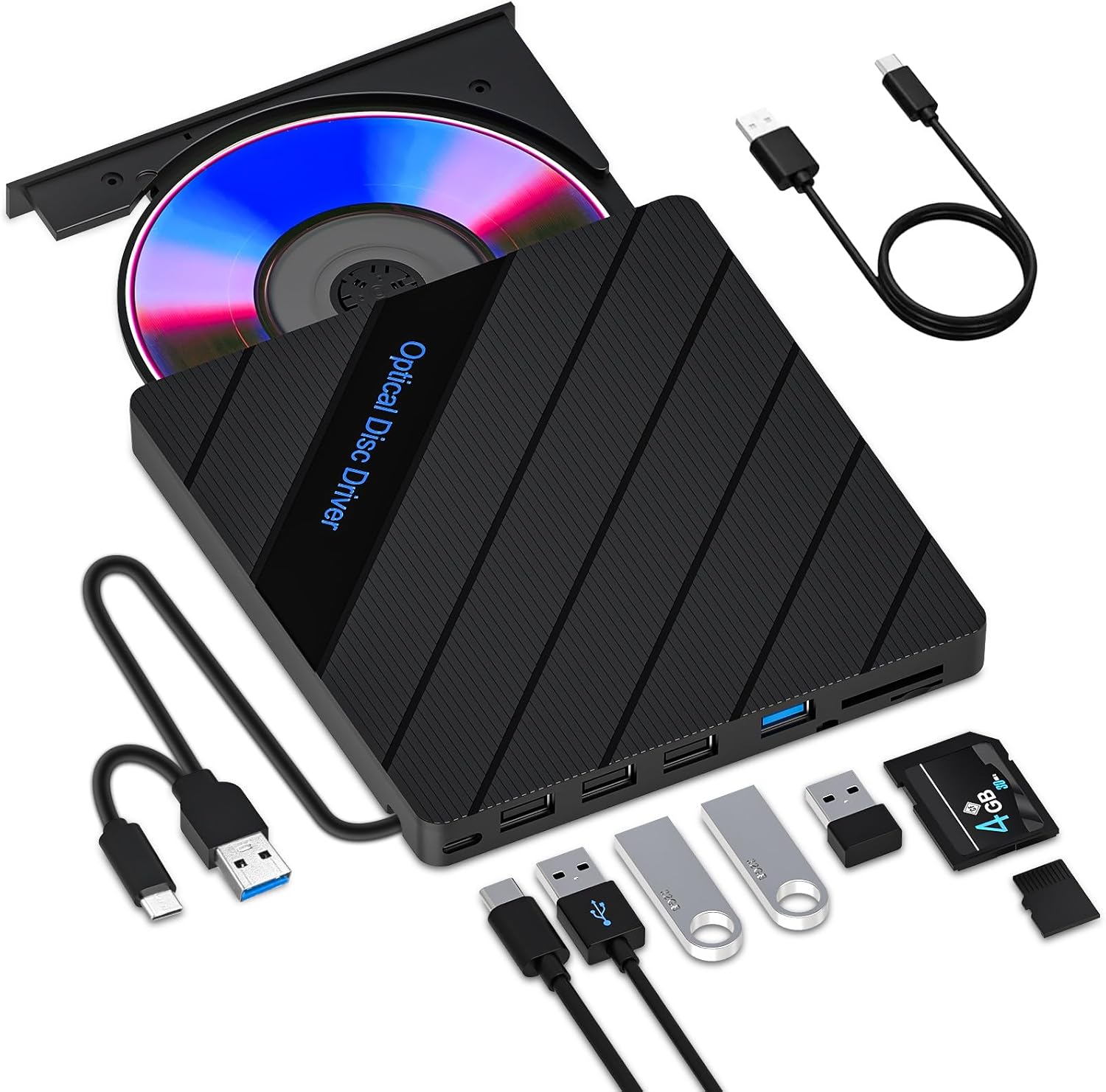 Detalle de 8-in-1 External CD/DVD Drive for Laptop (USB 3.0 Type-C) with SD/TF Slots & 4 USB Ports