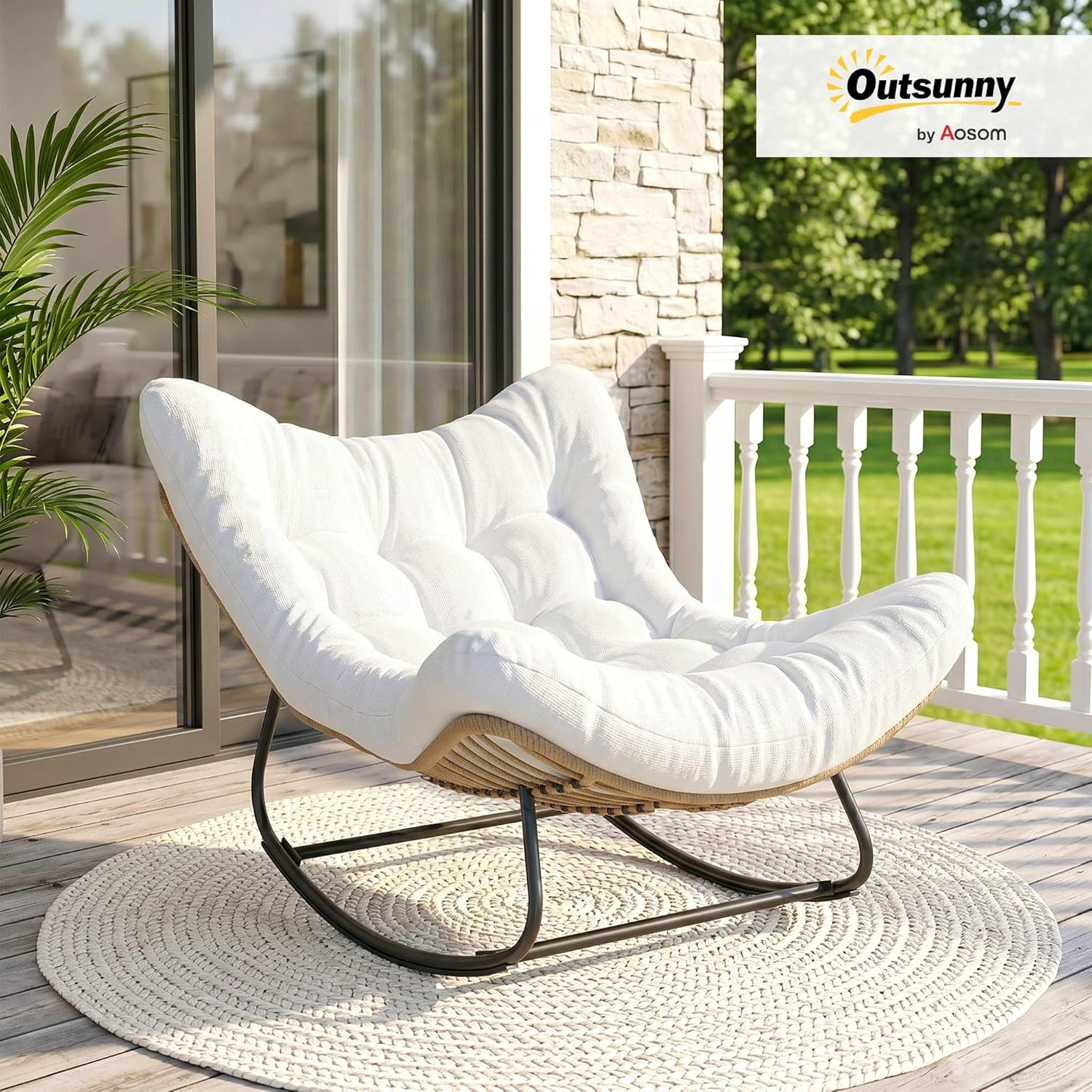 Thumbnail 1 de Outsunny Fauteuil à Bascule en forme d'œuf – résine tressée, coussin rembourré, crème