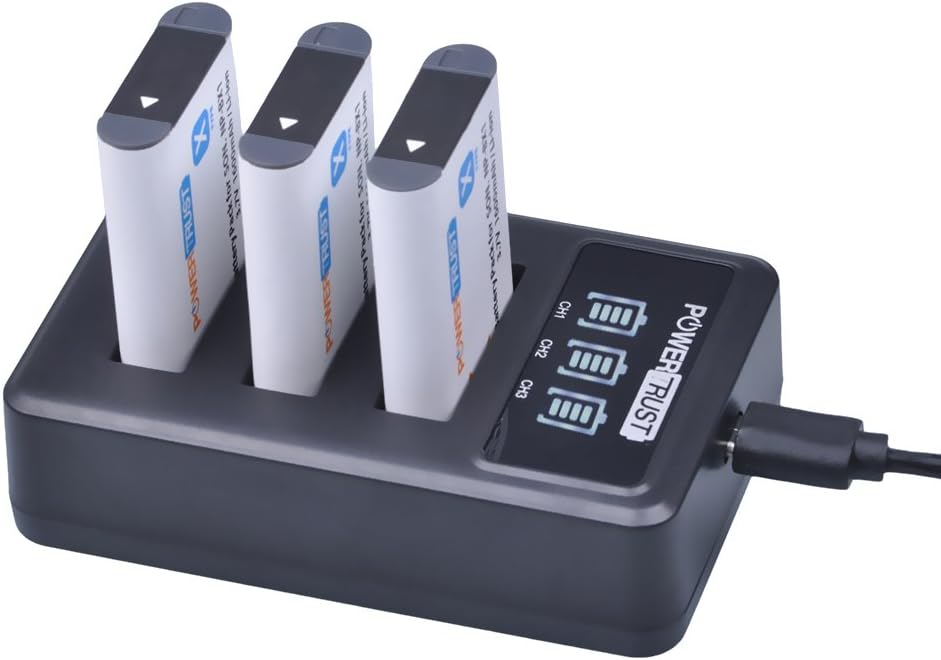 Detalle de PowerTrus NP-BX1 Ladegerät mit 4x Akkus und LED-Anzeige – USB-Ladegerät mit 3 Slots