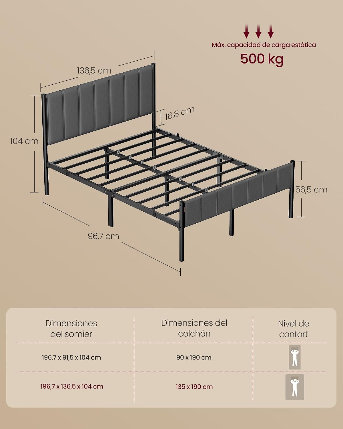 Thumbnail 1 de VASAGLE RMB976G02 marco de cama 135x190 cm