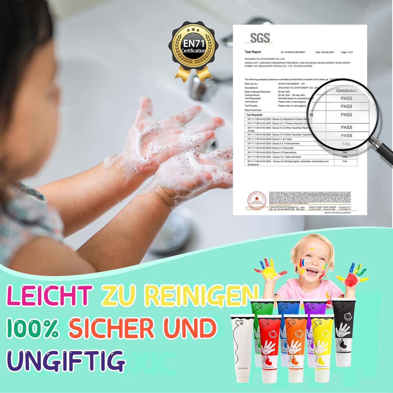 Detalle de TOGOU2S Fingerfarben Kinder Ungiftig mit Schwammkopf – 8 Farben, waschbar, 75 ml/Schlauch