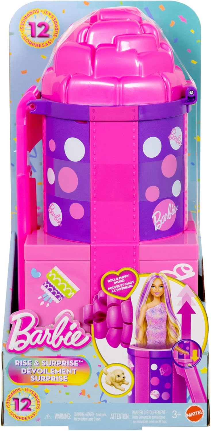 Detalle de Barbie Rise & Surprise - Bambola Pet Birthday (JKF66) con 12 sorprese, scivolo e amico cucciolo