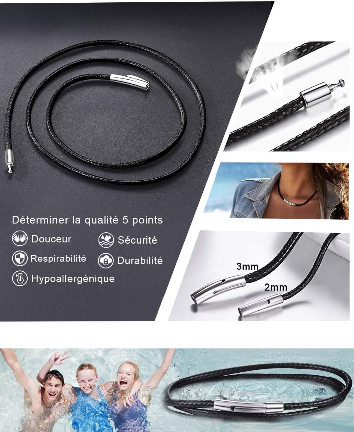 Thumbnail 3 de Collier Cordon Cuir ChainsHouse noir – cuir encerclé, fermoir acier inoxydable, longueur 40–75 cm