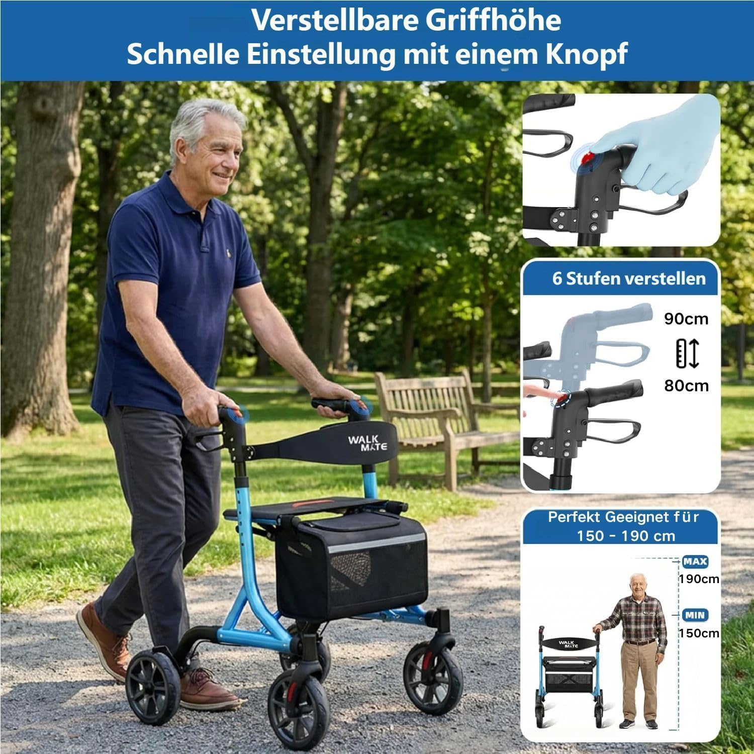 Thumbnail 3 de Walk Mate Rollator – faltbar, leicht mit Sitz, All‑Terrain‑Räder, 6-stufige Höhenverstellung (150–190 cm) und 6,7 kg Gewicht