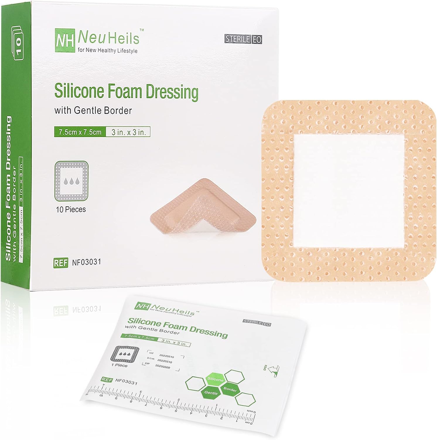 NeuHeils Silicone Adhesive Foam Dressing 3''x3'' (10 Packs) for Bed Sore & Diabetic Ulcer Wounds