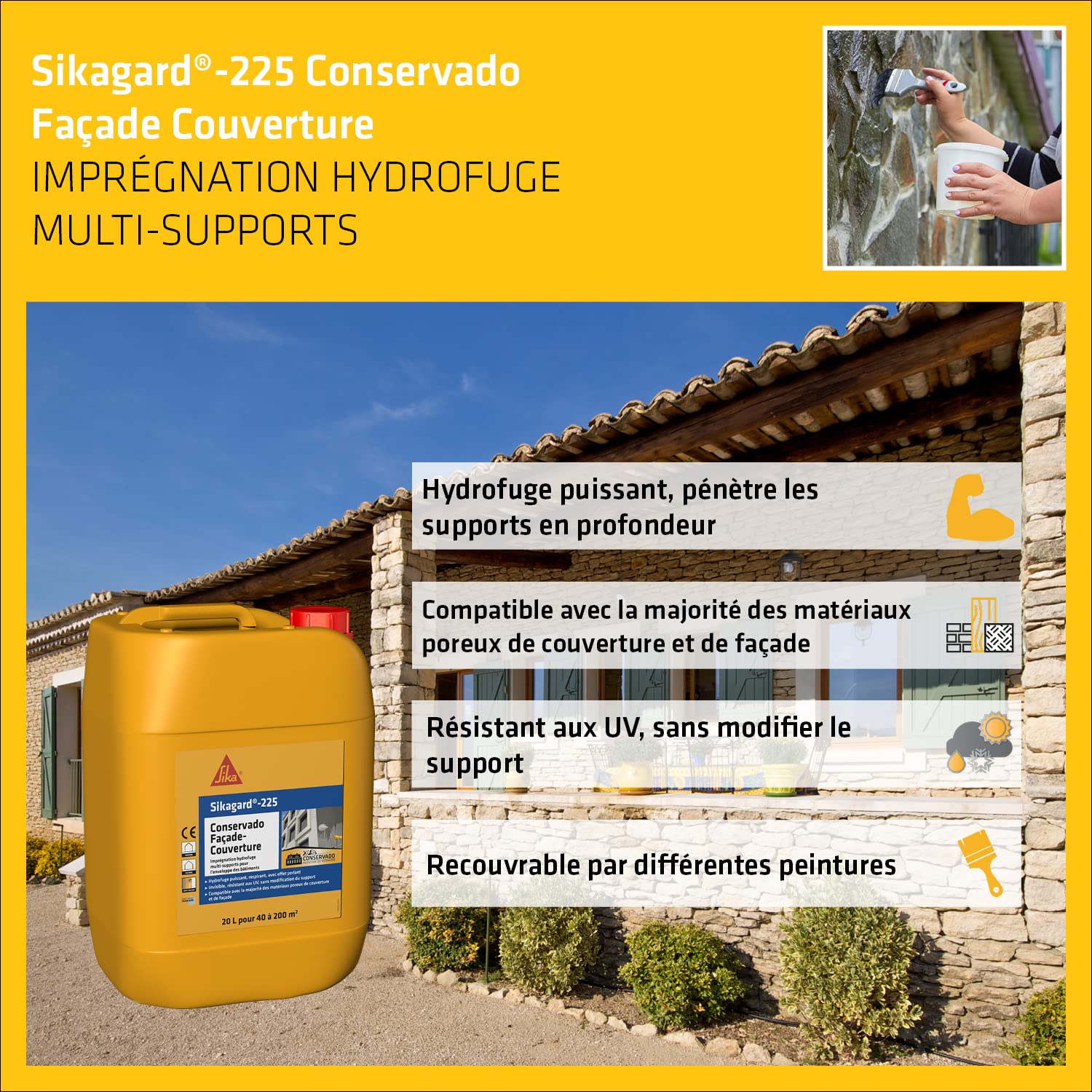 Thumbnail 3 de SIKA Imprégnation hydrofuge multi-supports Sikagard 225 Conservado Façade-Toiture – prêt à l’emploi, effet perlant