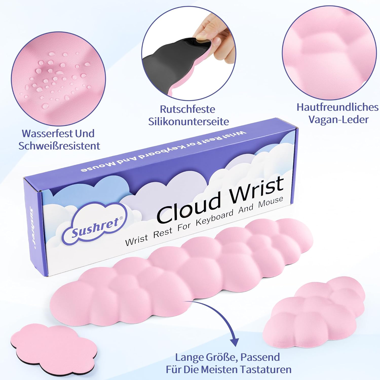 Thumbnail 3 de Sushret wolkenförmige Handballenauflage für Tastatur (PU-Leder, Memory-Schaum) – Rosa