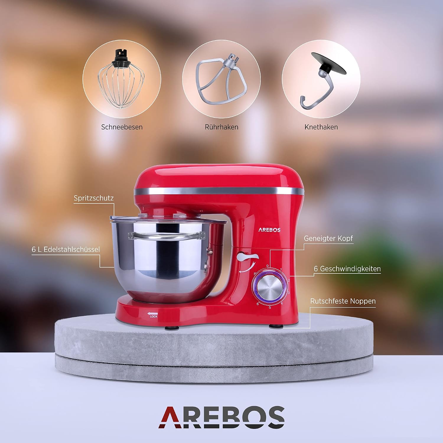 Detalle 2 de Arebos Küchenmaschine 1500 W mit 6-L-Edelstahlschüssel (rot) – Planetenrührsystem & 6 Geschwindigkeiten