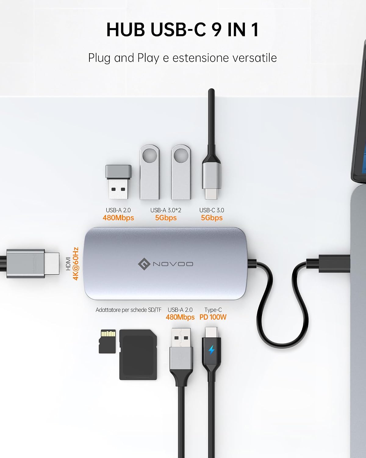 Detalle 2 de NOVOO Hub USB C 9 in 1 4K 60Hz