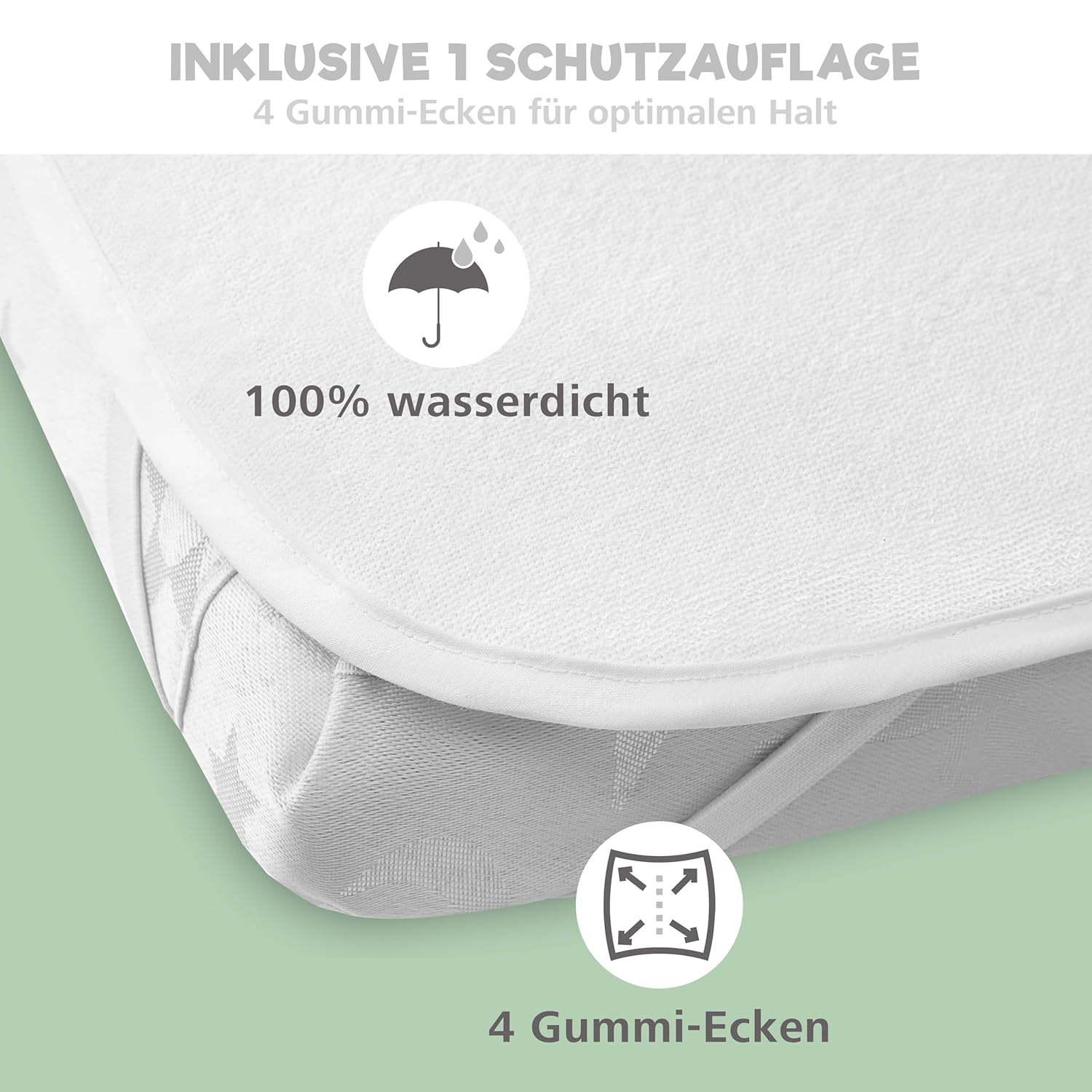 Thumbnail 3 de Sweety Fox 3‑teiliges Minikuna-Set: 2x Baumwoll-Spannbettlaken und 1x wasserdichter Matratzenschutz, 50x83 cm, Zitrone