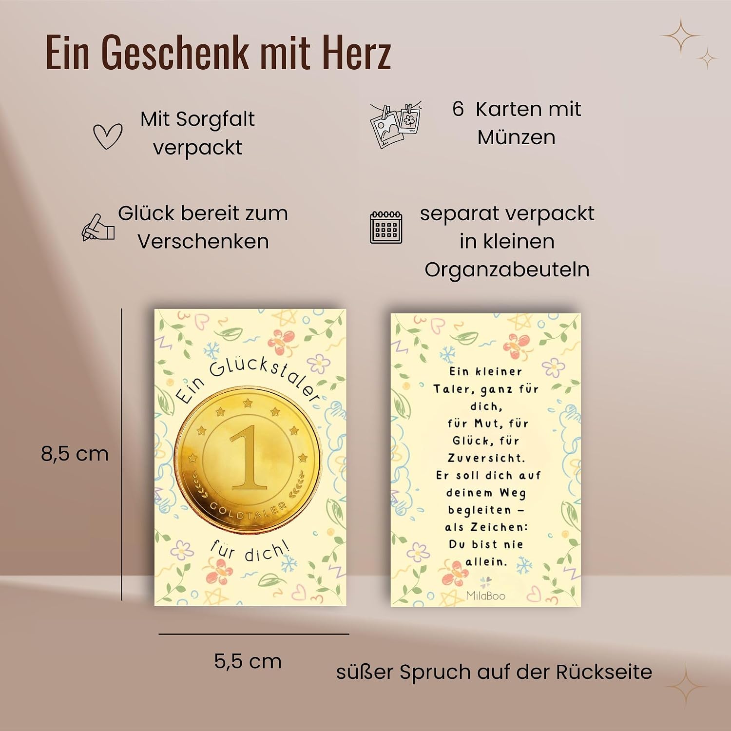 Detalle de Milaboo Glücksmünze mit Karte – lyckomynt i metall med regnbågsmotiv, 6-pack