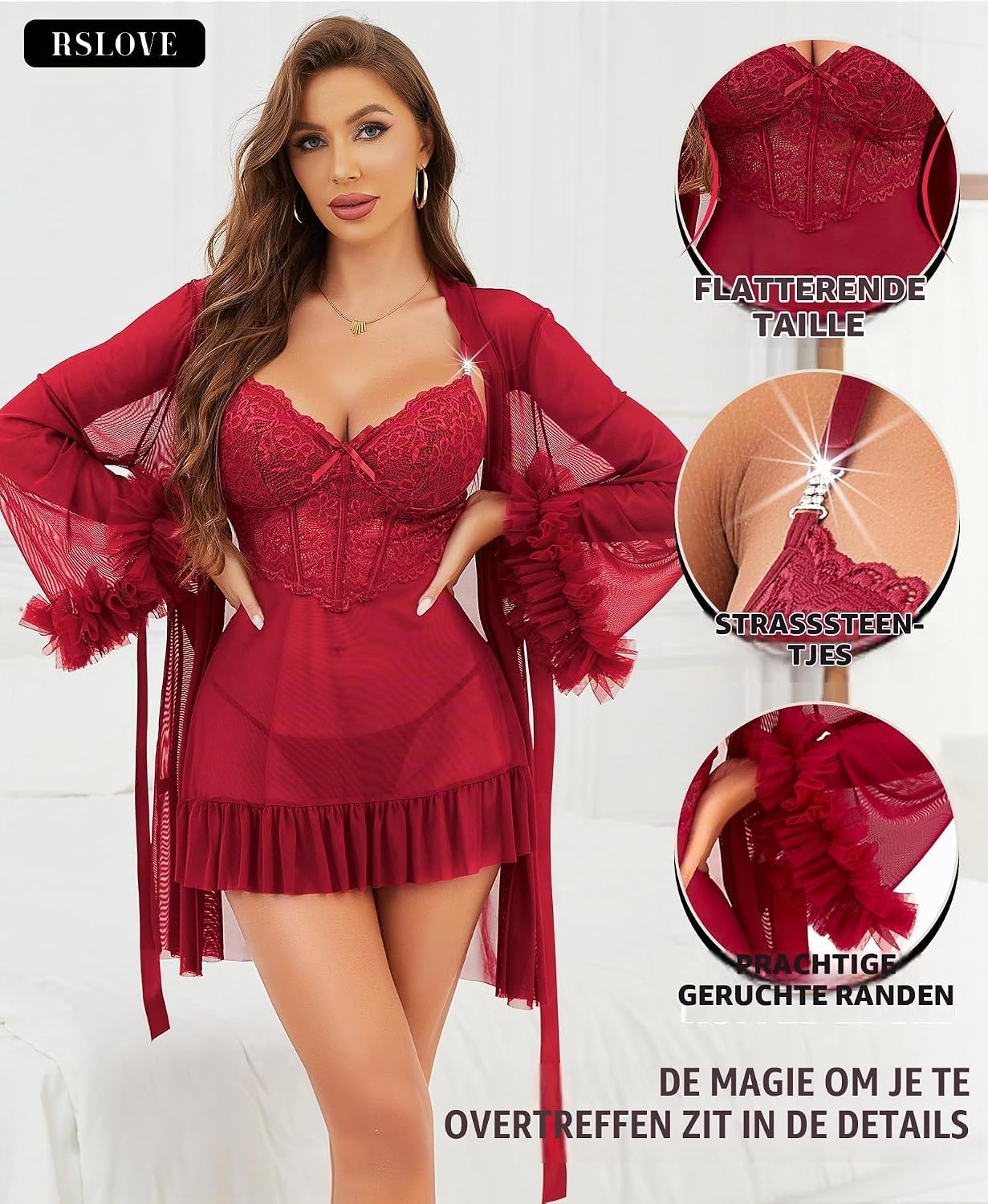 Detalle de RSLOVE 2-delige kanten lingerieset met babydoll en badjas